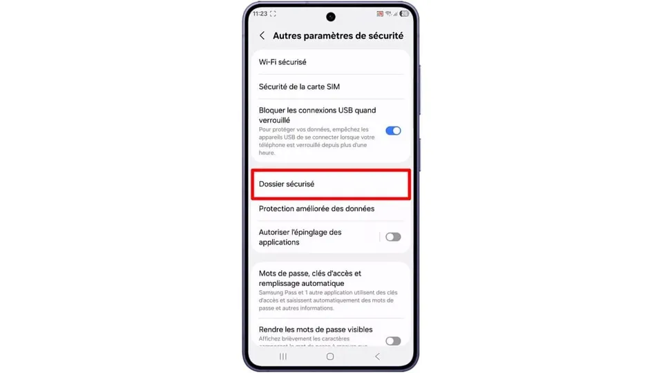 Appuyez sur « Dossier sécurisé ».