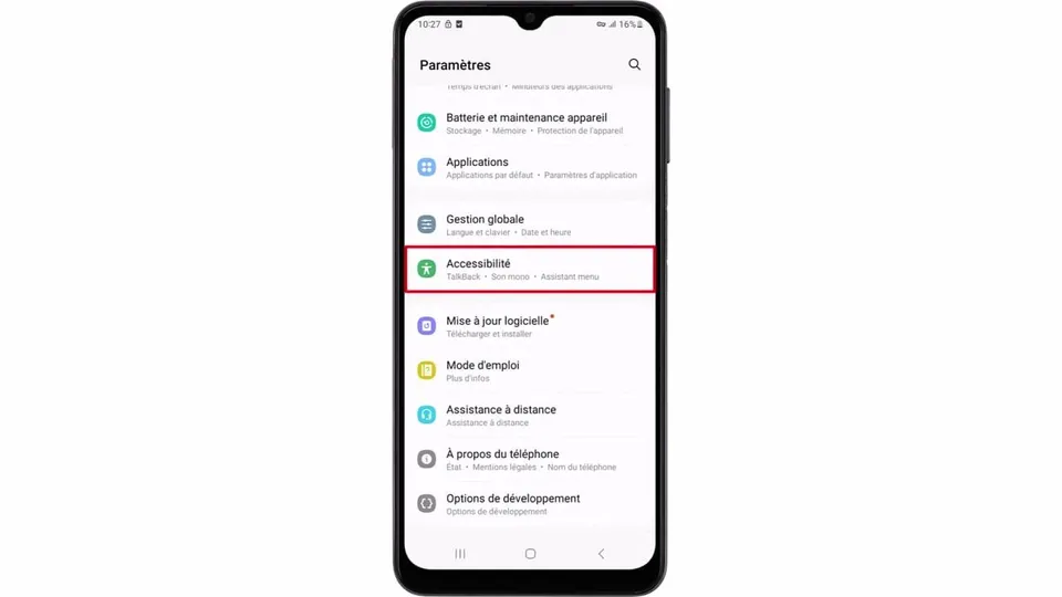 Faites défiler vers le bas puis touchez ‘Accessibilité’.