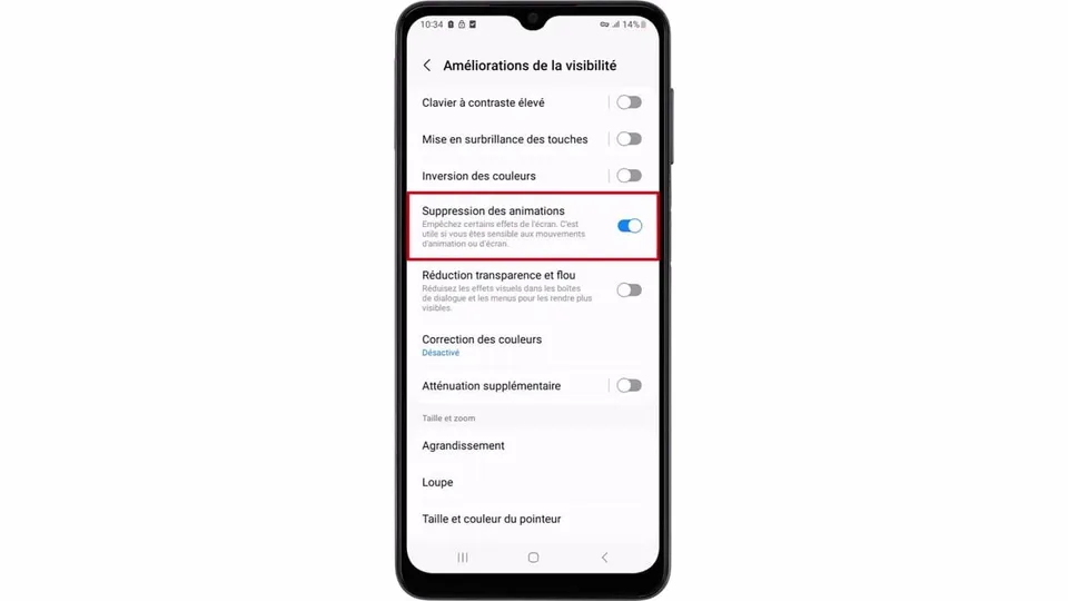 Activez l’option ‘Suppression des animations’.