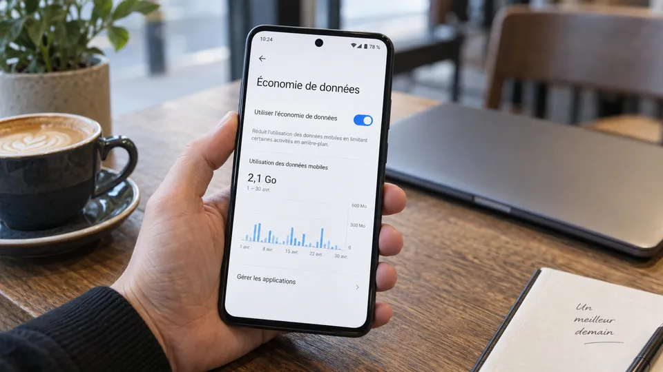 Illustration photoréaliste : un téléphone Android ouvert sur un réglage d’économie de données mobiles.