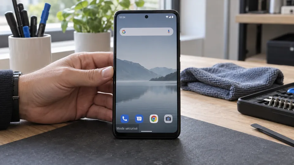 Illustration photoréaliste : un téléphone Android affichant la mention Mode sécurisé sur son écran d’accueil.