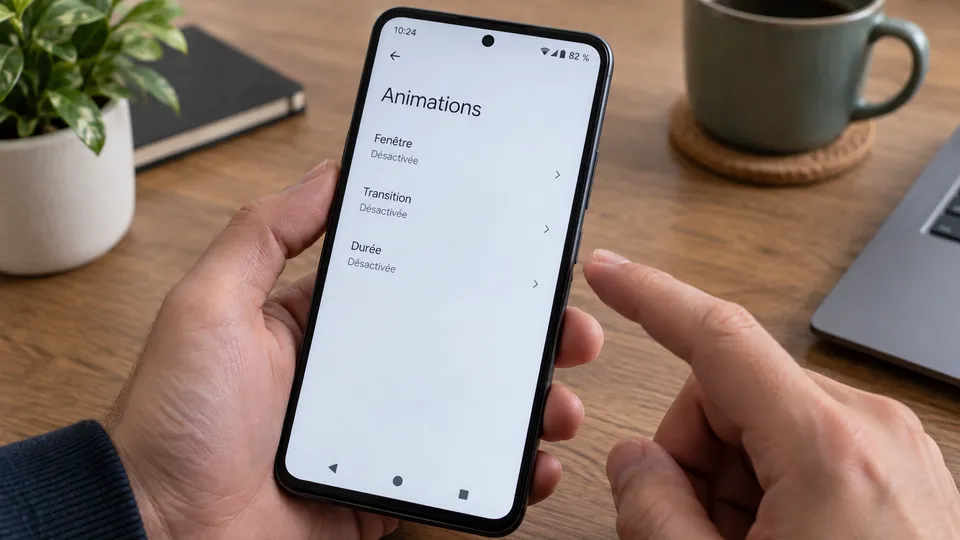 Illustration photoréaliste : un téléphone Android avec les animations de fenêtre, de transition et de durée désactivées.