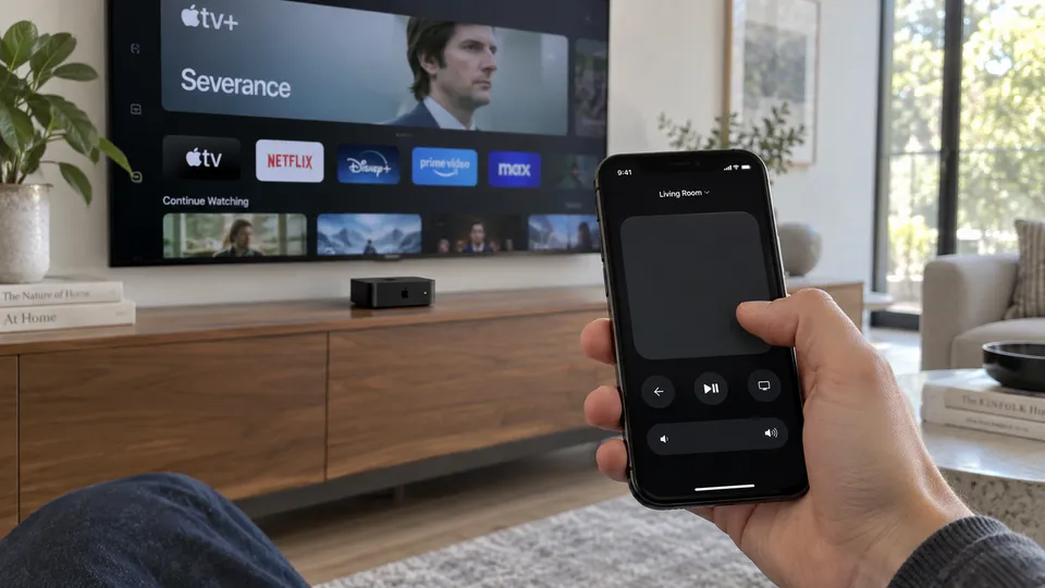 Télécommande Apple TV sur iPhone Illustration photoréaliste : un iPhone affichant une télécommande devant un téléviseur et un boîtier Apple TV.