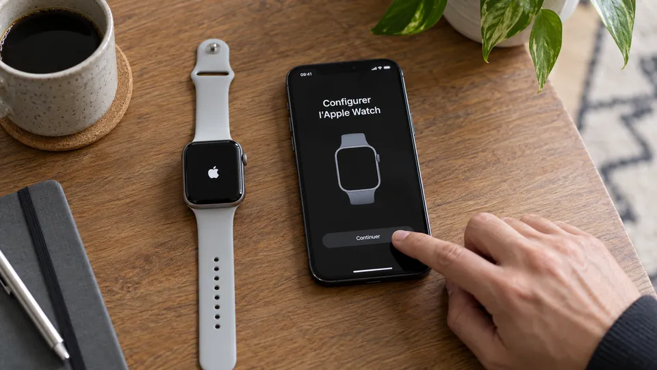 Illustration photoréaliste : une Apple Watch à bracelet clair à côté d’un iPhone ouvert sur sa configuration.