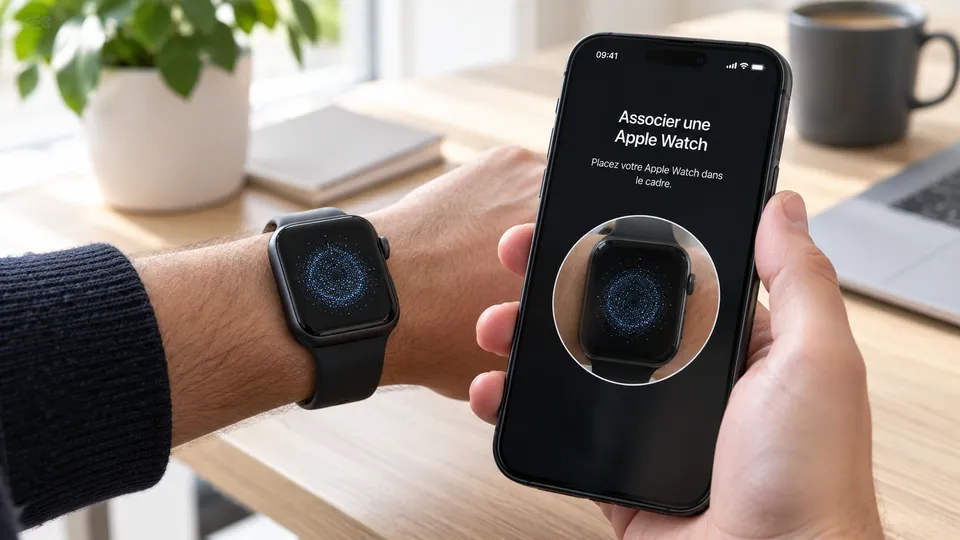 Illustration photoréaliste : une Apple Watch au poignet, à côté d’un iPhone affichant son écran d’association.