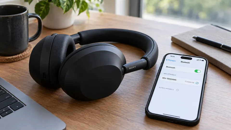 Illustration photoréaliste : un casque audio noir et un iPhone affichant une connexion Bluetooth au casque.