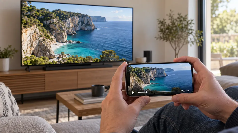 Illustration photoréaliste : un iPhone horizontal et un téléviseur diffusant la même vidéo de bord de mer.