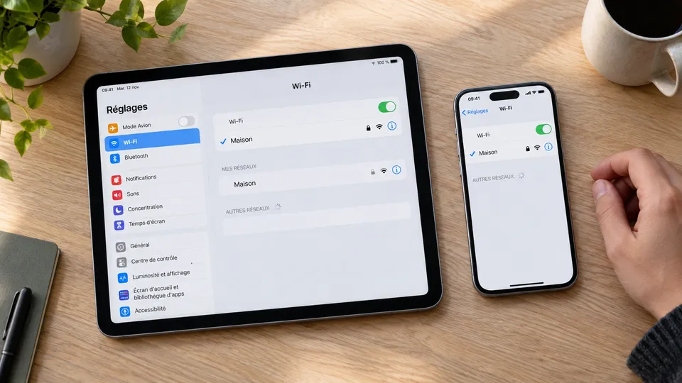 Illustration photoréaliste : un iPad et un iPhone présentant le même réseau Wi-Fi dans leurs réglages.
