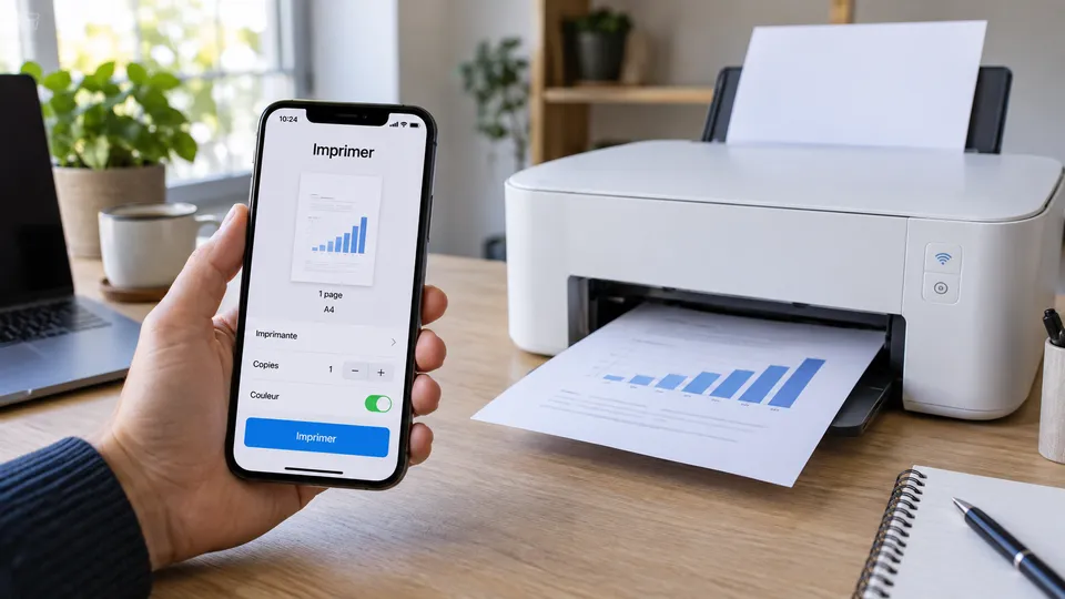 Illustration photoréaliste : un iPhone affichant un aperçu d’impression à côté d’une imprimante Wi-Fi.