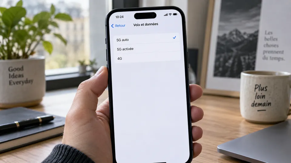 Illustration photoréaliste : un iPhone présentant les options de réseau mobile avec le mode 5G sélectionné.