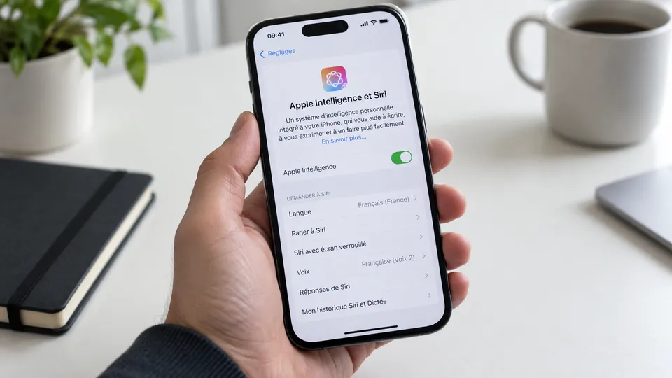 Illustration photoréaliste : un iPhone ouvert sur les réglages Apple Intelligence et Siri.