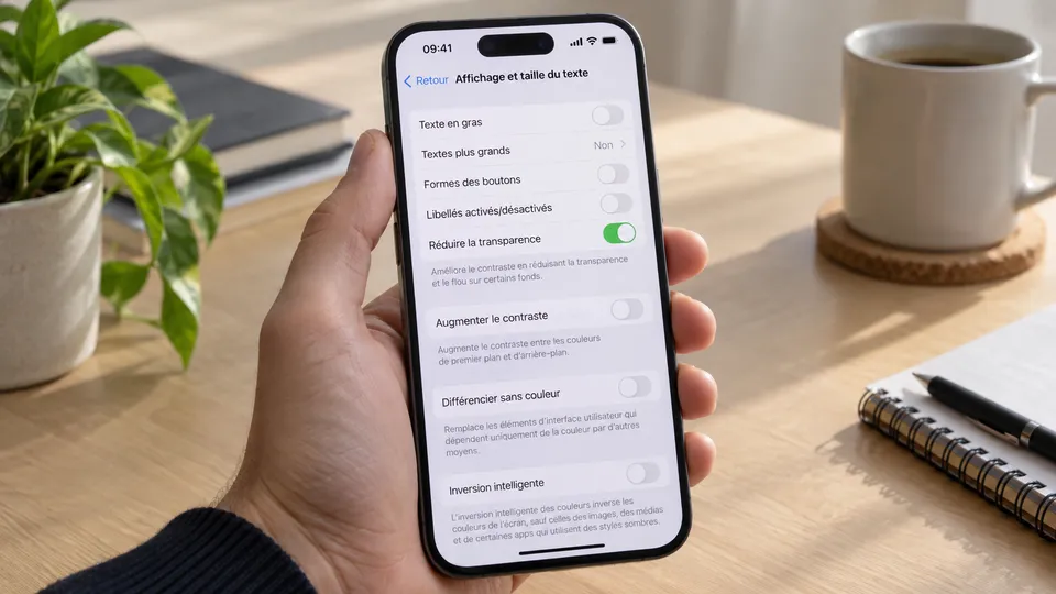 Illustration photoréaliste : un iPhone affichant le réglage Réduire la transparence activé.