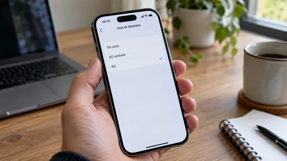 Illustration photoréaliste : un iPhone présentant les options de données mobiles avec la 4G sélectionnée.