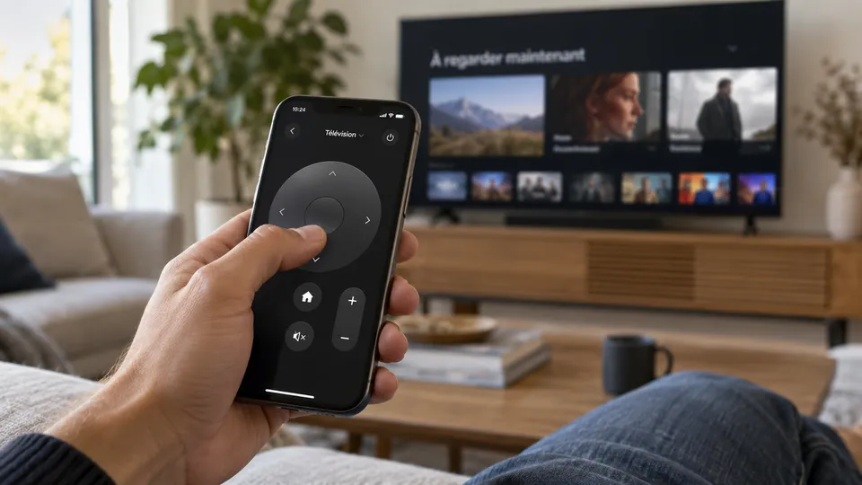 Illustration photoréaliste : une main utilisant une télécommande sur iPhone devant un téléviseur.