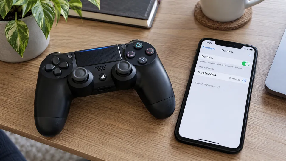 Illustration photoréaliste : une manette DualShock 4 à côté d’un iPhone indiquant sa connexion Bluetooth.