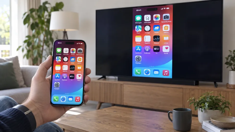 Illustration photoréaliste : un téléviseur reproduisant l’écran vertical d’un iPhone avec des marges latérales.