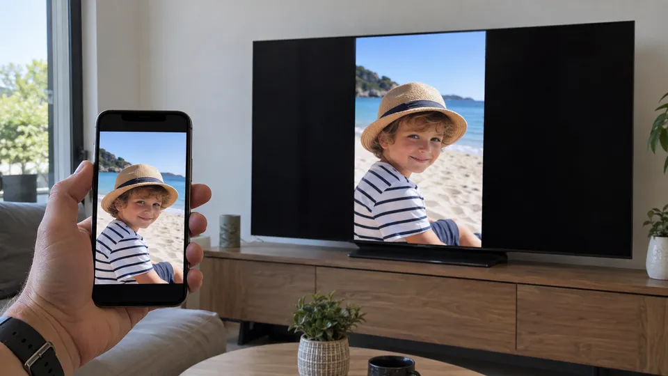Illustration photoréaliste : un iPhone et un téléviseur à pied central affichant la même photo verticale.