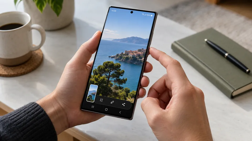 Illustration photoréaliste : des mains tenant un téléphone Samsung dont l’écran montre un aperçu de capture.