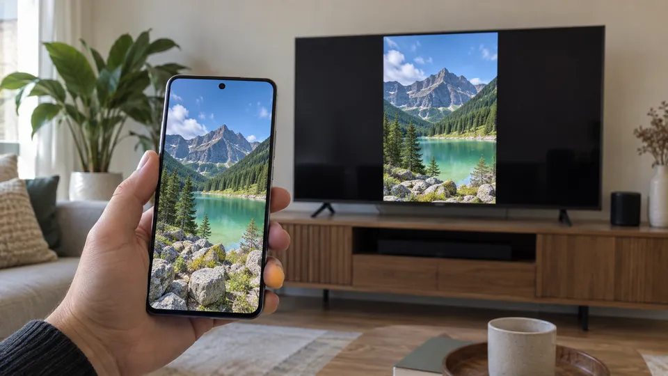 Illustration photoréaliste : un téléphone Samsung et un téléviseur affichant la même photo de paysage.