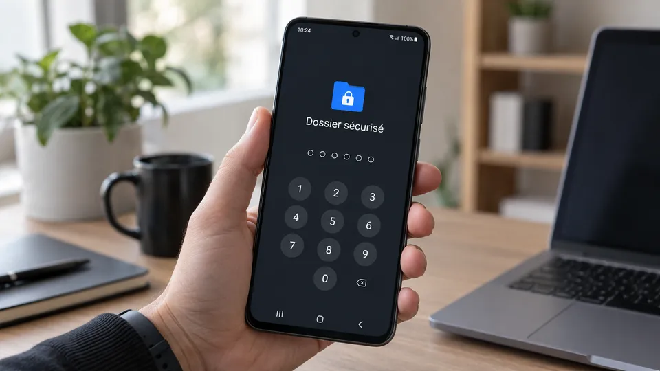 Illustration photoréaliste : un téléphone Samsung sur l’écran d’accès au Dossier sécurisé.