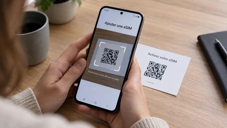 Illustration photoréaliste : un téléphone Samsung dirigé vers une carte d’activation pour ajouter une eSIM.