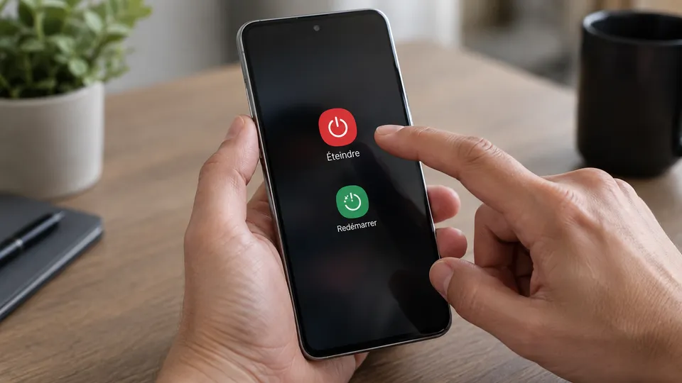 Illustration photoréaliste : un téléphone Samsung affichant les commandes Éteindre et Redémarrer.