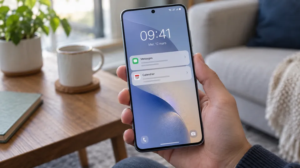 Illustration photoréaliste : un téléphone Samsung présentant des notifications sur son écran verrouillé.