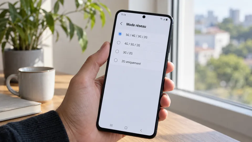 Illustration photoréaliste : un téléphone Samsung présentant un mode réseau incluant la 5G.