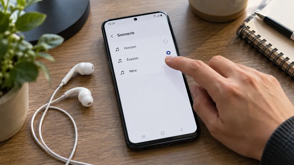 Illustration photoréaliste : un téléphone Samsung ouvert sur une liste de morceaux pour choisir une sonnerie.