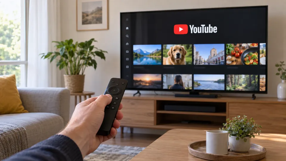 Illustration photoréaliste : une télécommande dirigée vers un téléviseur affichant YouTube.