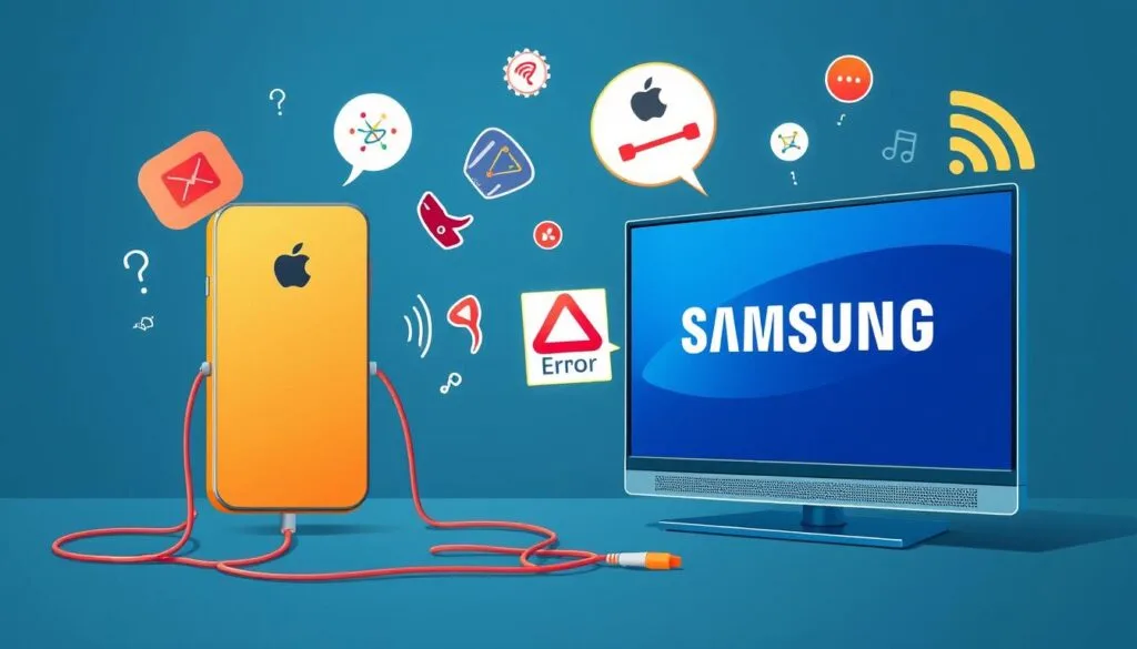 Recopie écran iPhone sur TV Samsung démontrant la synchronisation fluide de l’écran du téléphone avec la télévision.