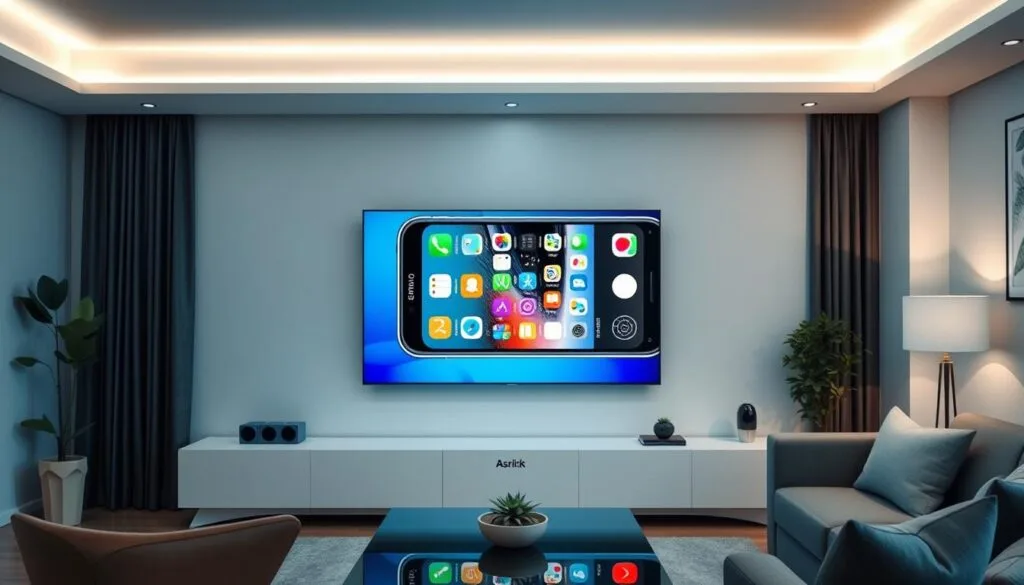 Recopie écran iPhone sur TV Samsung montrant une connexion sans fil avec le même contenu affiché sur les deux écrans.