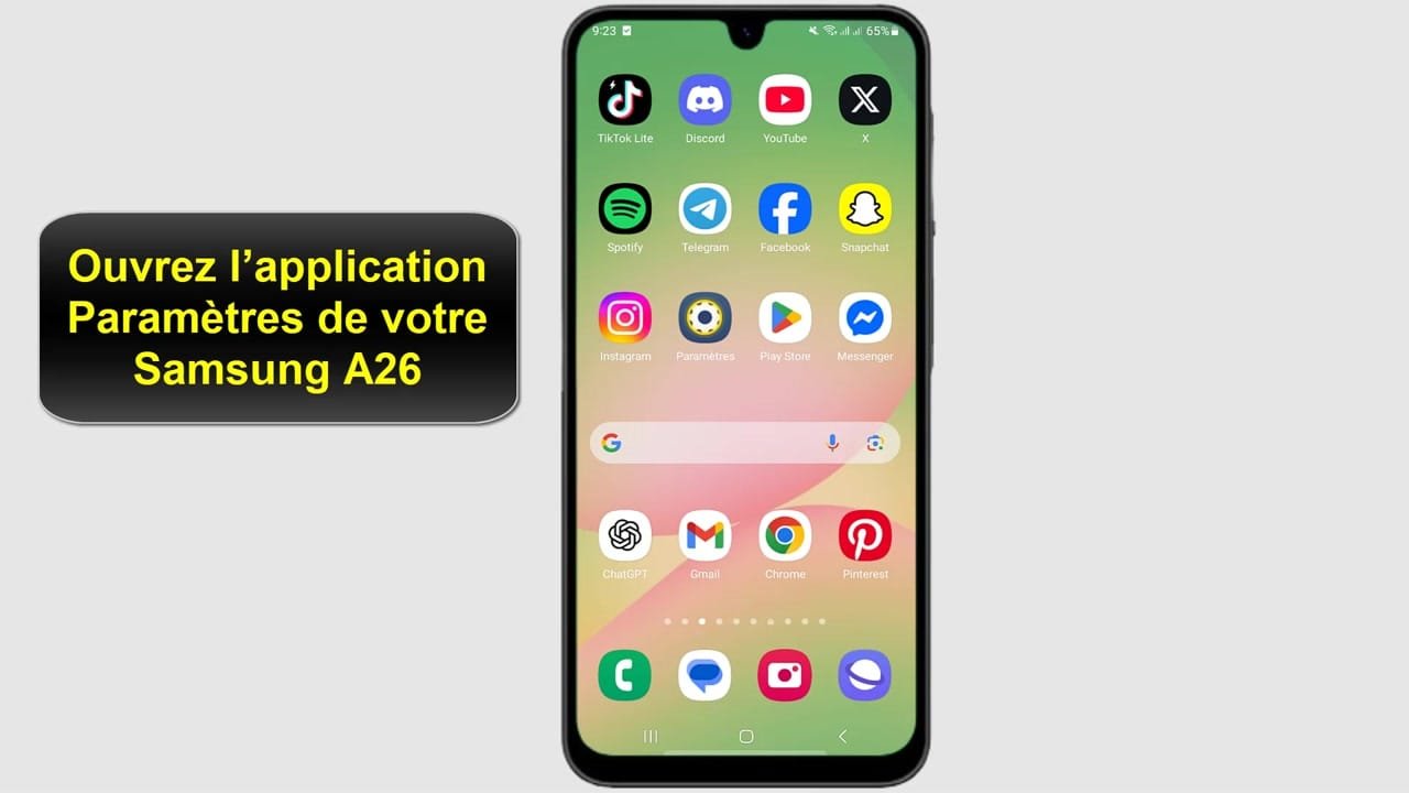 Étape 1 : Ouvrez l’application Paramètres de votre Samsung A26. Ouvrez l’application Paramètres de votre Samsung A26.