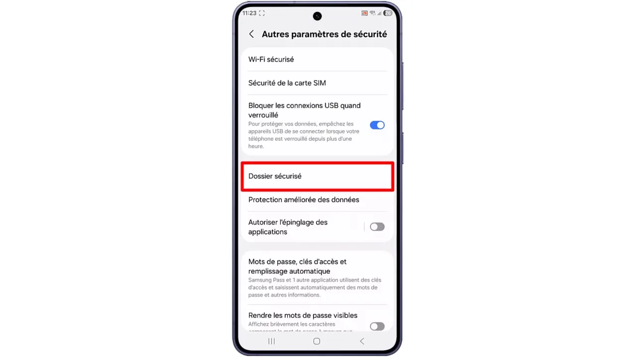 Étape 4 : Appuyez sur « Dossier sécurisé ». Appuyez sur « Dossier sécurisé ».