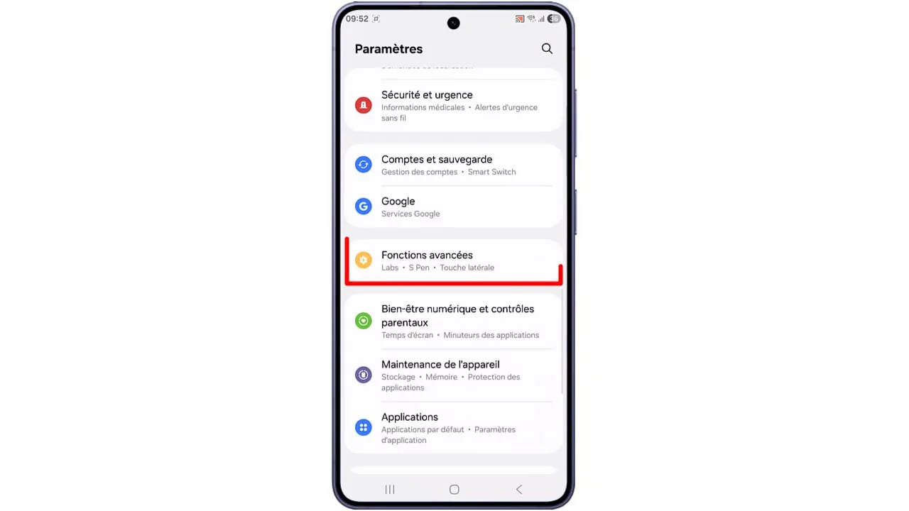 Accédez à 'Fonctions avancées'