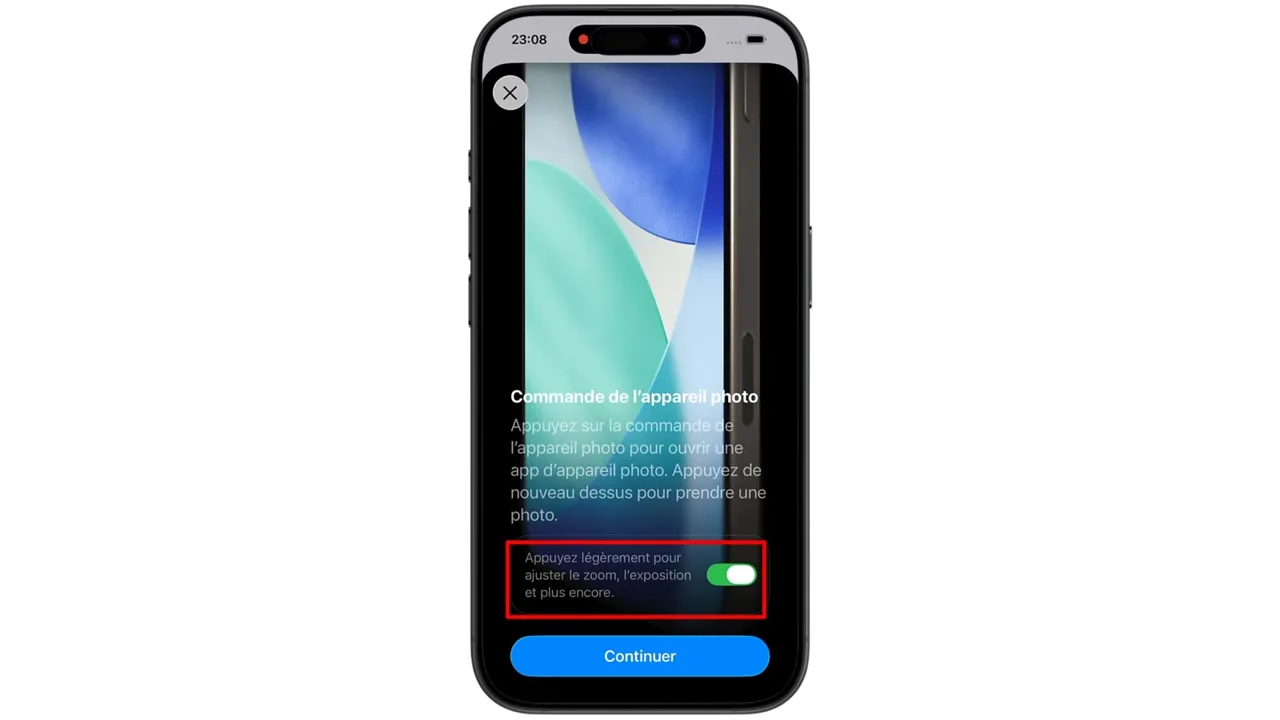 Activez l’option d’utilisation du bouton latéral pour zoomer/dézoomer (si souhaité), puis appuyez sur « Continuer » et suivez les étapes restantes.