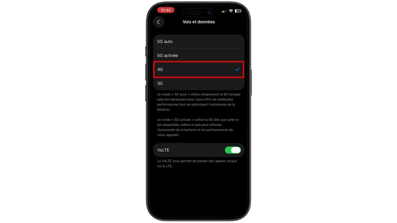Choisissez ensuite « 4G ou LTE ».