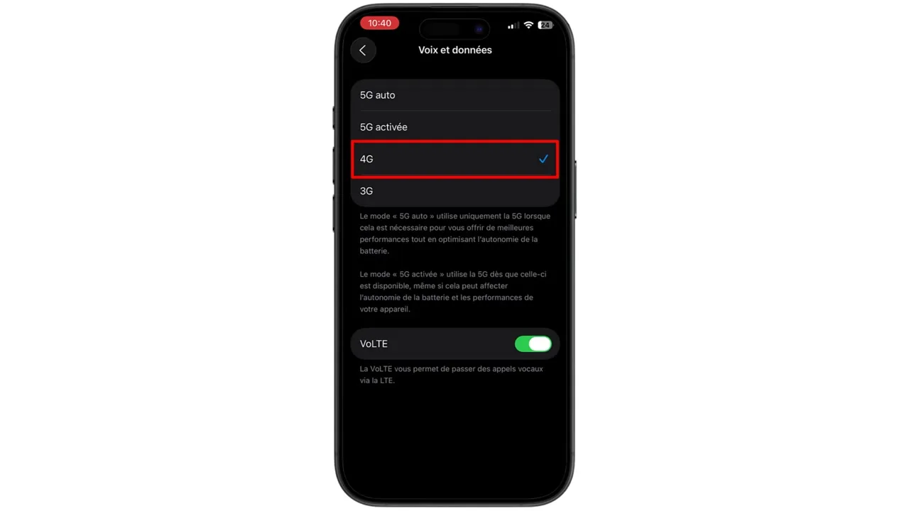 Choisissez ensuite « 4G ou LTE ».