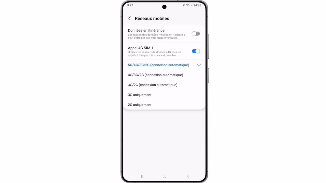 Choisissez l’option contenant 5G (par exemple ‘5G/LTE/3G/2G’).