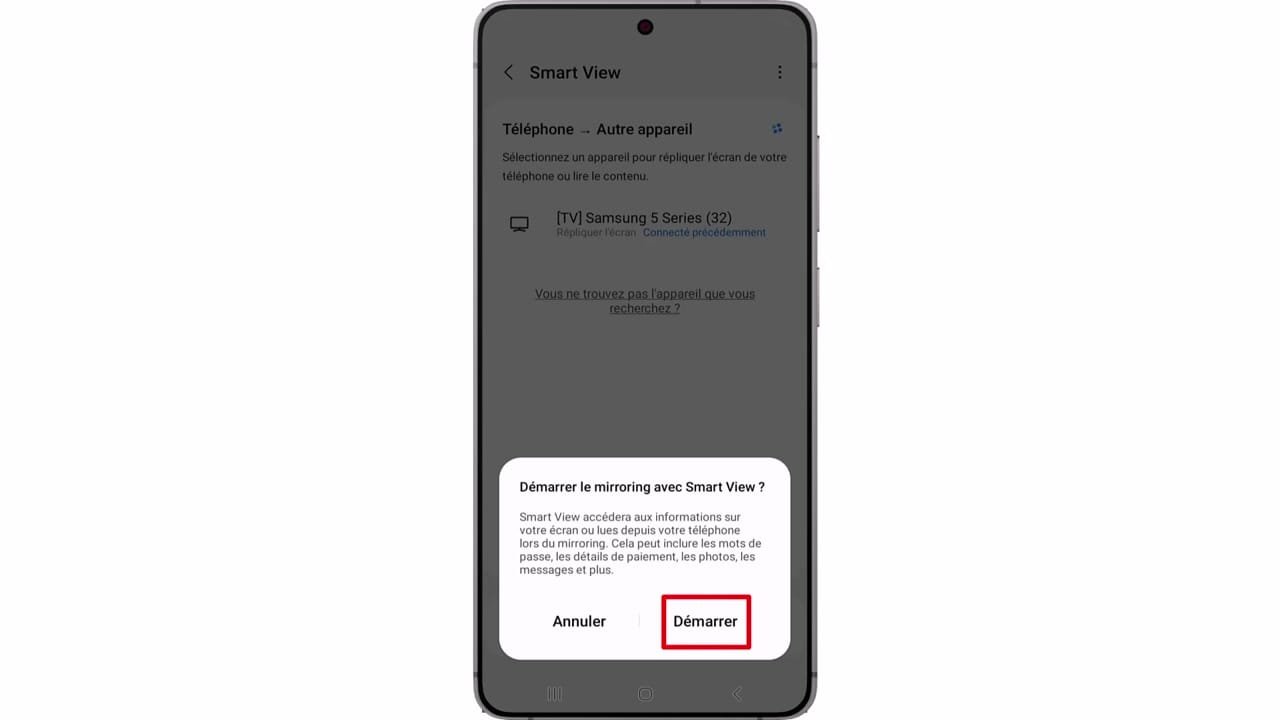 Appuyez sur ‘Démarrer’ pour connecter le téléphone à la télévision.